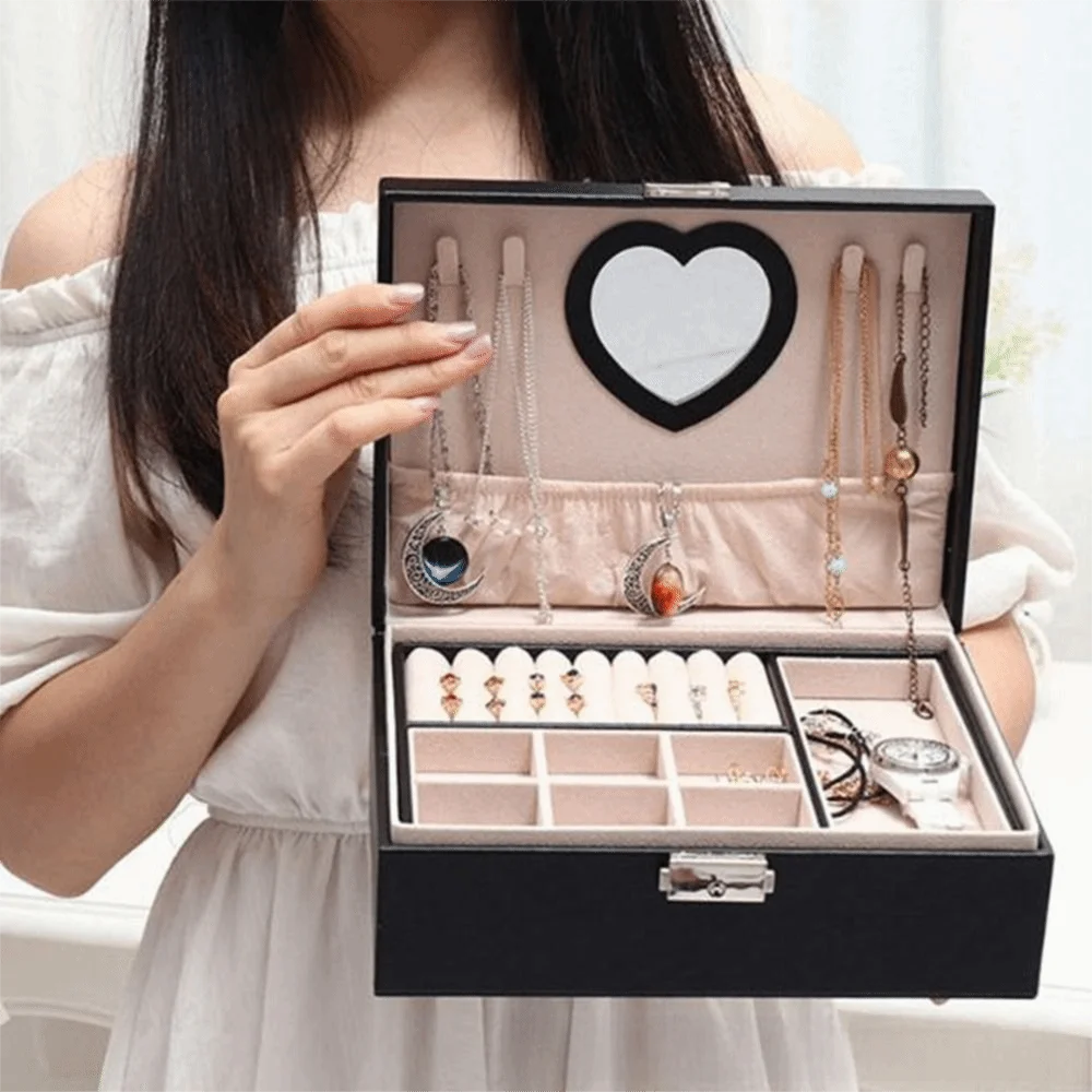 

Fashion PU Double Layer Jewelry Box Large Capacity Lockable Jewelry Storage Box Dustproof Jewelry Display Case Necklaces