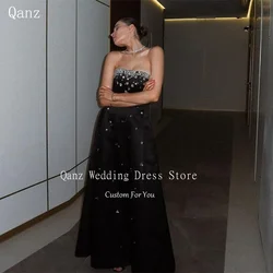 Qanz Black A-line Prom Dresses Sexy Sleeveless Satin Evening Party Dress Sparkly Crystals Long Celebrate Event Gown Customized