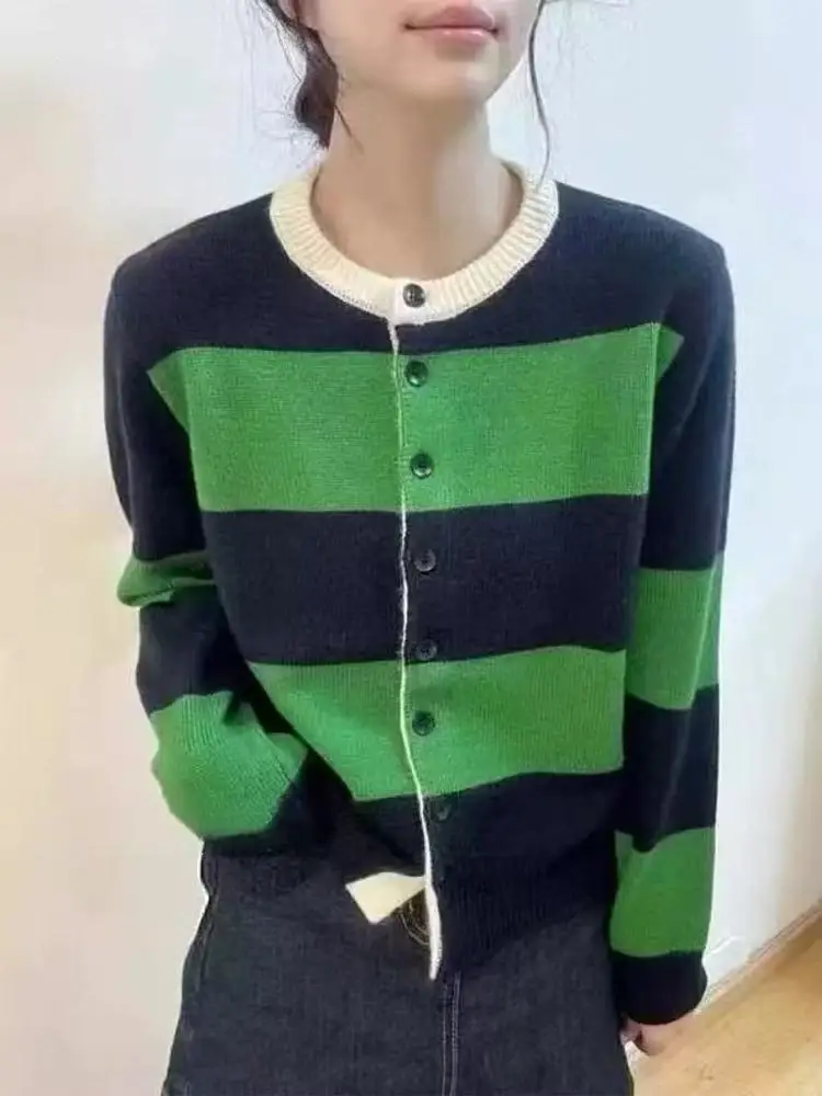 

Autumn Winter New Contrast Color Stripes Knitted Cardigan Women's O-Neck Long Sleeve Beautiful Sweater Casual Sweet Tops