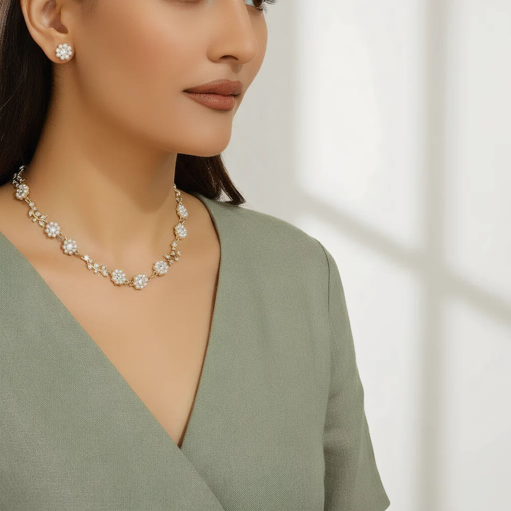 

3pcs Elegant Vintage Jewelry Set for Women Pearl Bud Style Necklace Shiny Crystal Choker Bridal Wedding Earrings Party