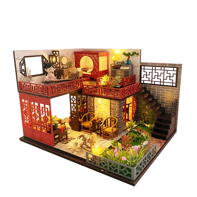 

Diy Wooden Doll House Kits Miniature With Furniture Chinese Style Villa Loft Casa Villa Dollhouse Toys For Grown-up Kids Gifts