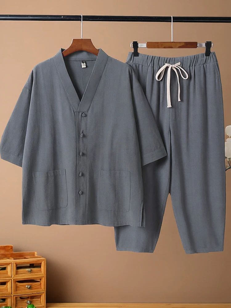 

Linen Set Men's Large Size Retro Buddhist Zen Cotton Linen Clothes Nine-Piece Pants Spring Summer Autumn Monastic Robes