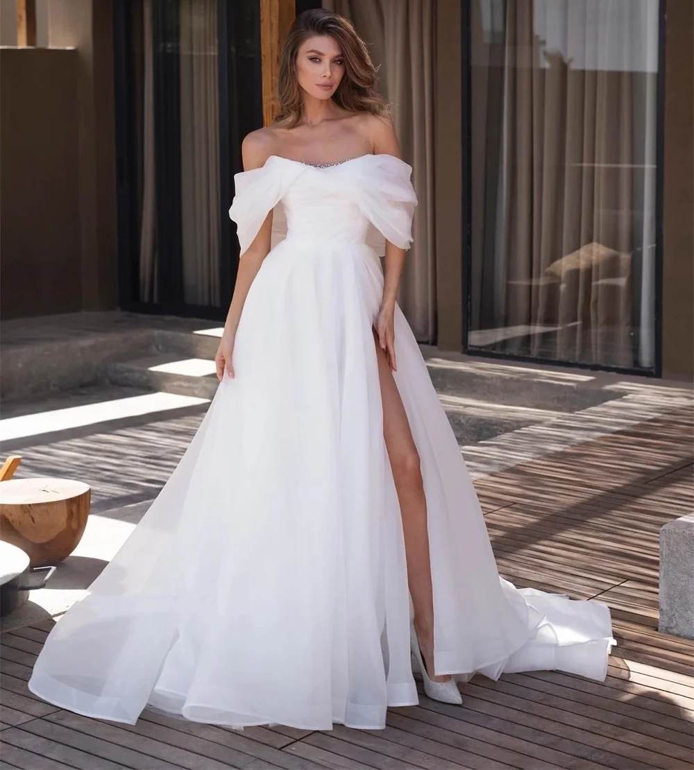 Vestido de novia blanco transparente para mujer, con cuello redondo traje de novia, apliques de cuentas, línea A, largo hasta el suelo, 2024