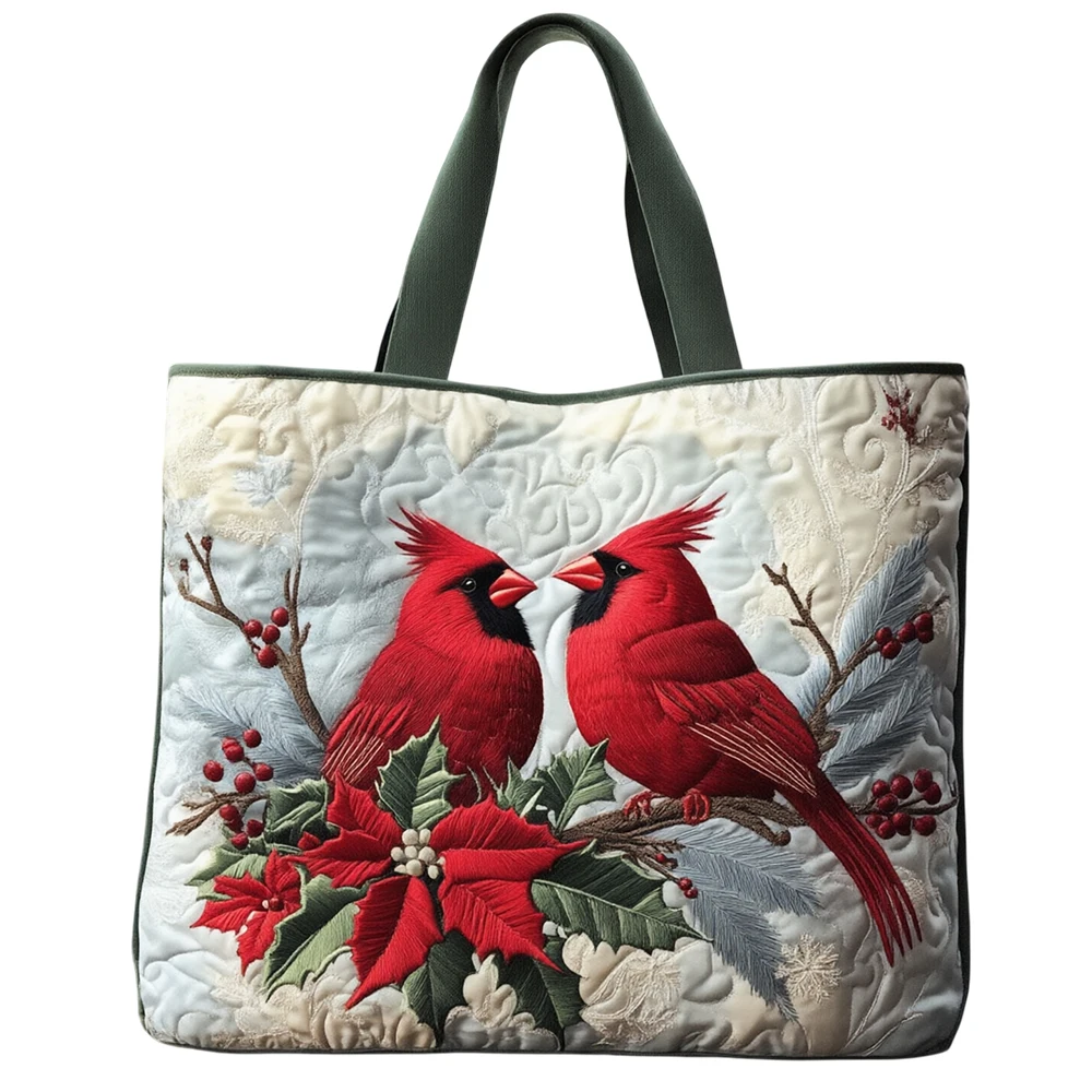 Christmas Quilted Shoulder Tote Bag Cardinal Bird Pattern Top Handle Large Bag Holiday Casual Handbag for Daily & Gift