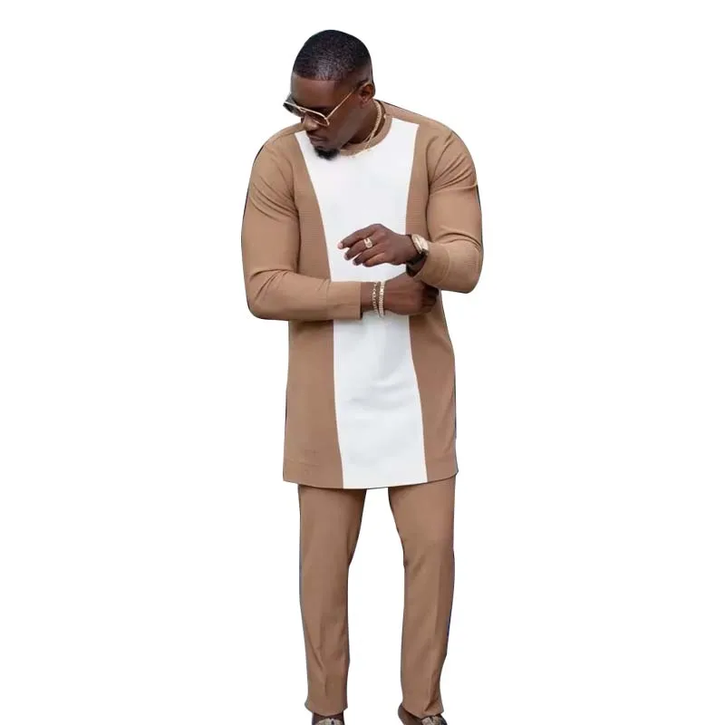

Men's Khaki Suit Patchwork Shirts With Solid Trousers Original Design Tailored Pant Sets African Couture Party Wear