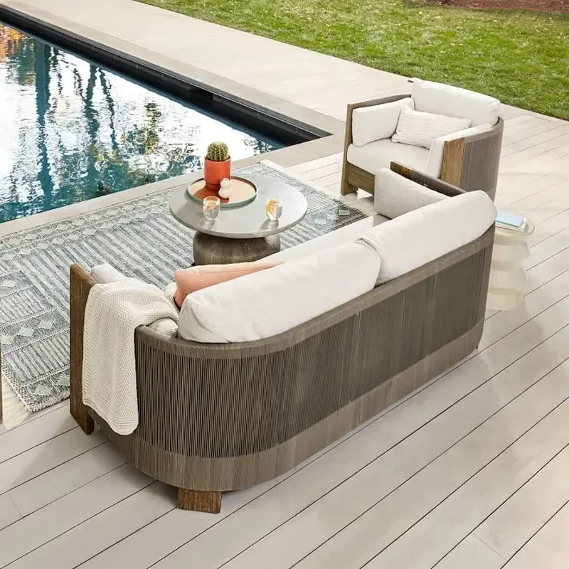 Modern Outdoor Garden Wicker Furniture Sets Patio Courtyard Rattan Sofa Set Teak Wood Frame Rope Outdoor Sofa