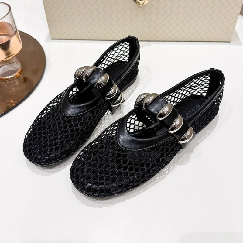 

Mesh Casual Flats Shoes Cut Out Shallow Mouth Metal One-Strap Sandals