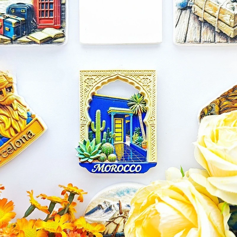 Morocco Blue Arch Fridge Magnet - Exotic 3D Cactus & Gate Souvenir Unique North African Gift for Travel & Bohemian Home Decor