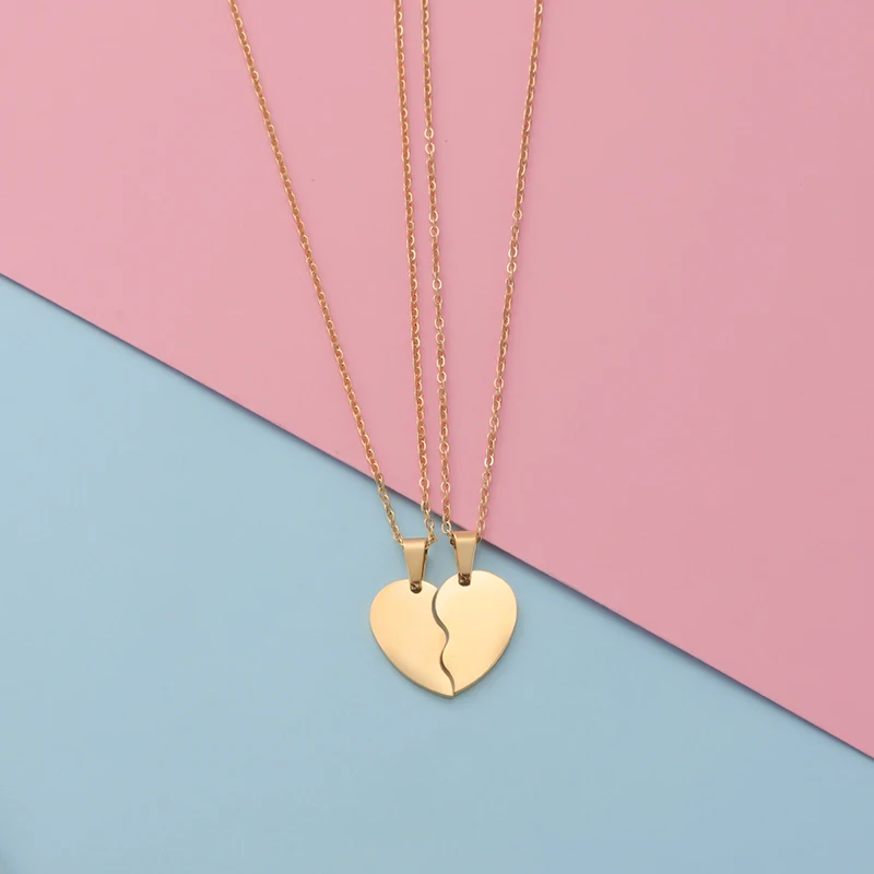 Fnixtar 5Pairs/Lot Broken Heart Stitching Pendant Necklace Mirror Polish Stainless Steel Heart DIY Custoimz BFF Necklaces