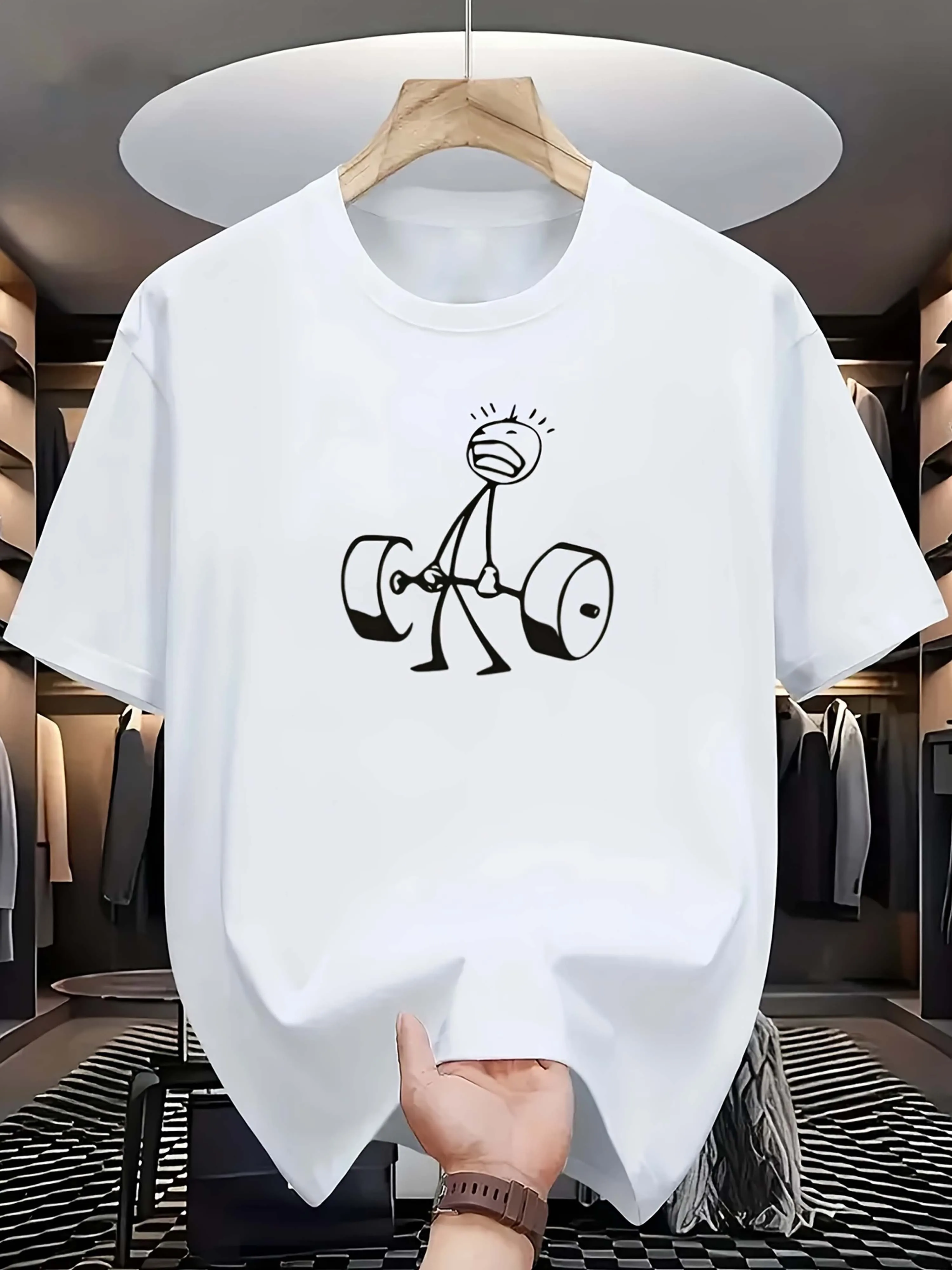 Men's white cotton printed t-shirt, funny pattern of a man lifting a barbell, white short-sleeve t-shirt, 100% pure cotton t-shirt for both men and women, perfect for street style, parties, street, home, and leisure – breathable fabric, comfortable for sp