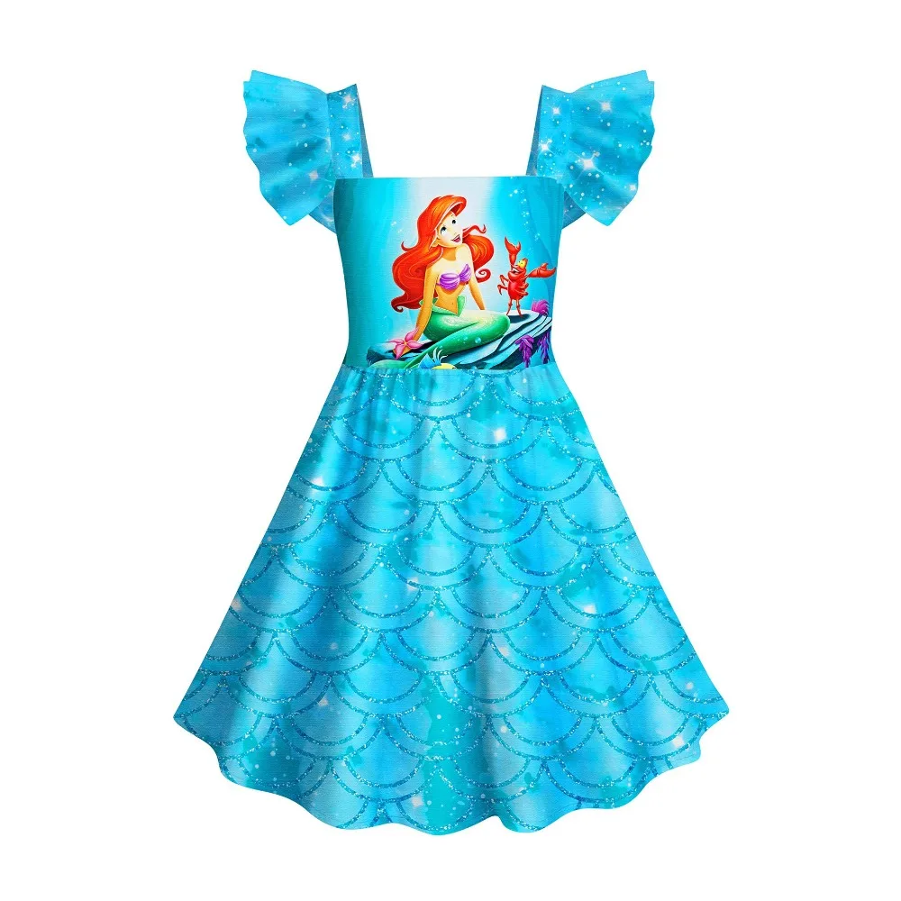 2024 New Girls' Dress Casual Wear Mermaid Princess Digital Print Girls' Cute Pattern 3D Print Cotton Children's Wear