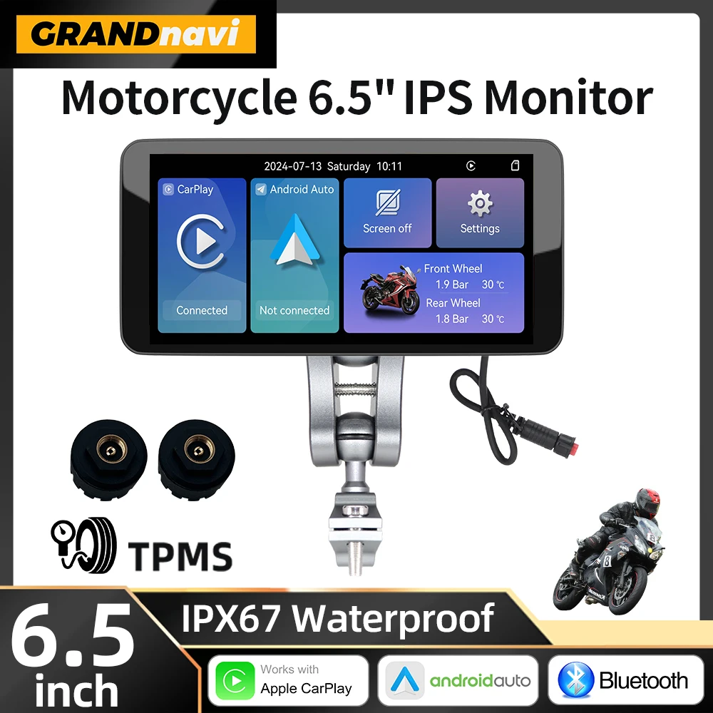 

6.5" Motorcycle Smart Portable Display Wireless Android Auto CarPlay Removable Bracket IP67 Waterproof Bluetooth Monitor