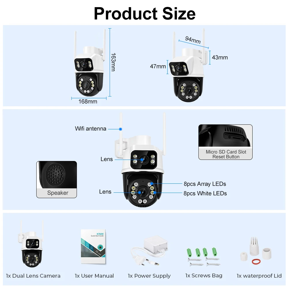8MP 4K Wifi Camera PTZ Dual Screen AI Human Detection Auto Tracking Outdoor ONVIF CCTV Security Surveillance Camera ICSee