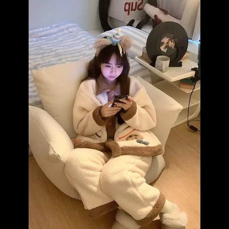 

Пижамный комплект из кораллового флиса, женский пижамный комплект, женские теплые зимние пижамы, модная домашняя одежда, пижамы, милый и мягкий пижамный комплект