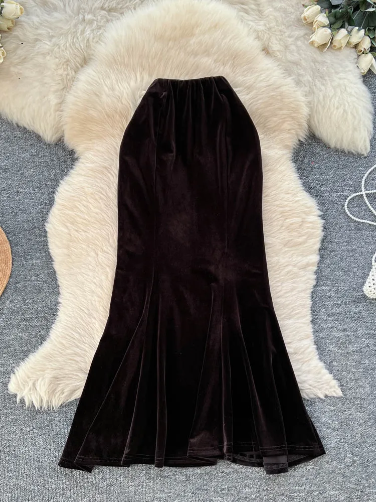 

Ele Velvet High Waist Elastic Waist Midi Skirt Women's Autumn Winter Slimming Bodycon Fi Tail Skirt Ci Commute
