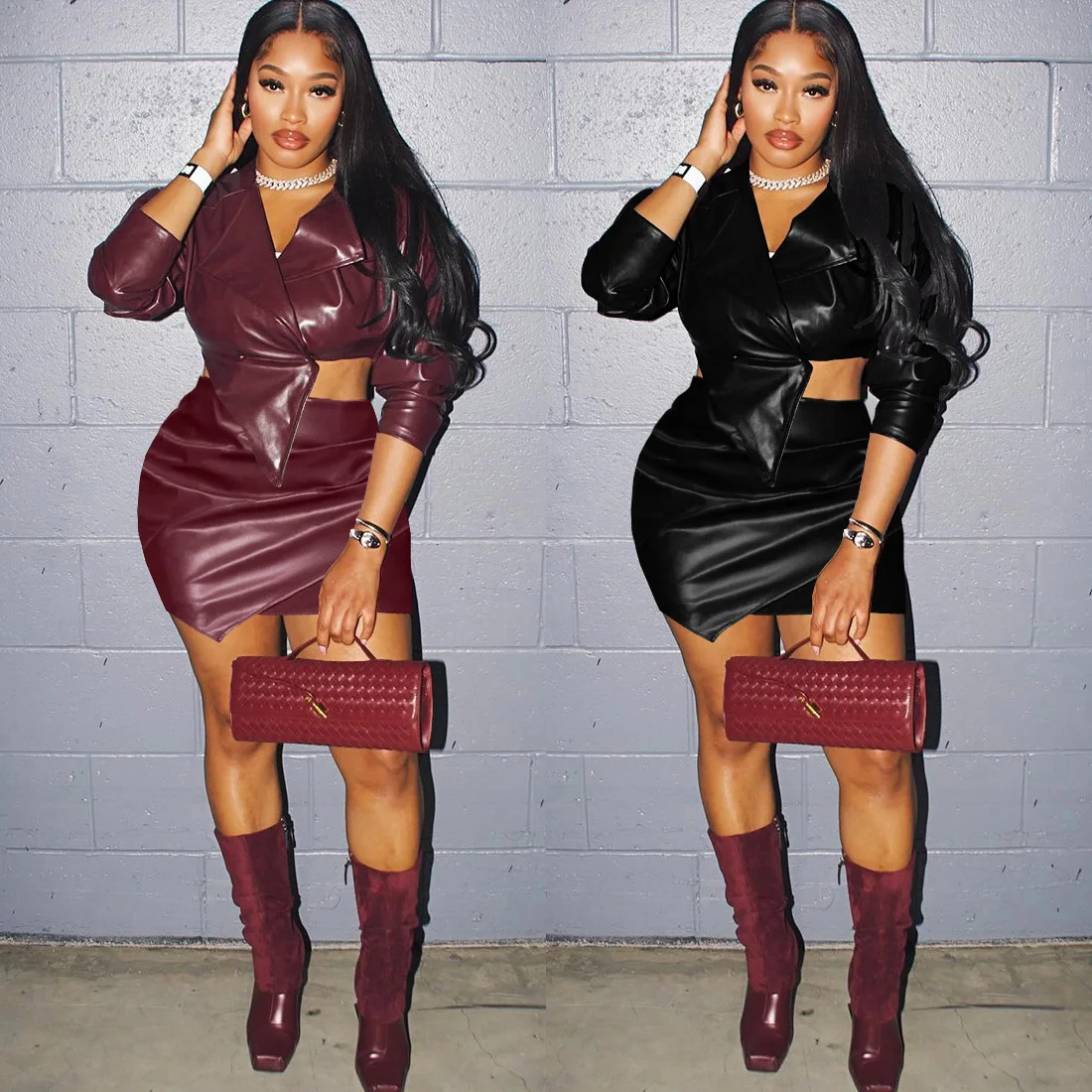 

Leather Jacket Dress Two Piece Skirt Sets 2025 Women Winter Luxury Y2K Streetwear Fall Sexy Elegant 2 Piece Sets Woman Outfit