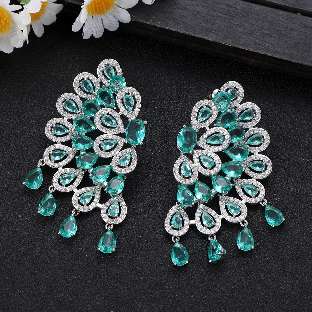 Green CZ Peacock Drop Earrings for Luxury Gala Fashion Women's Jewelry Gift for Anniversary
