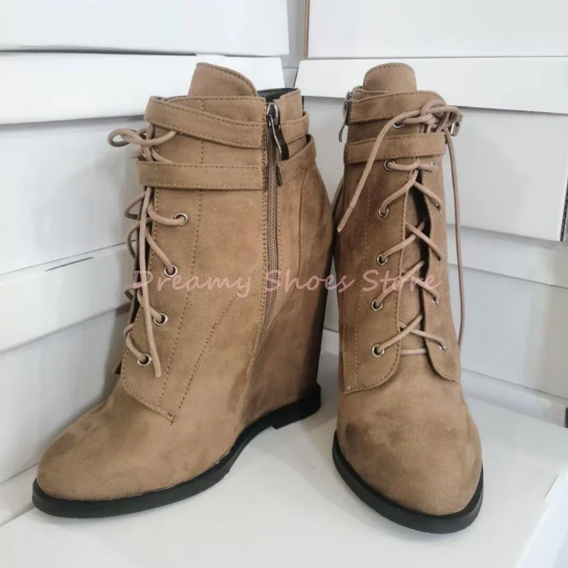 

Solid Suede Lace Up Pointed Toe Wedges Ankle Boots Women Leather Side Zipper Short Boots Retro Fashion Party Western Shoes New