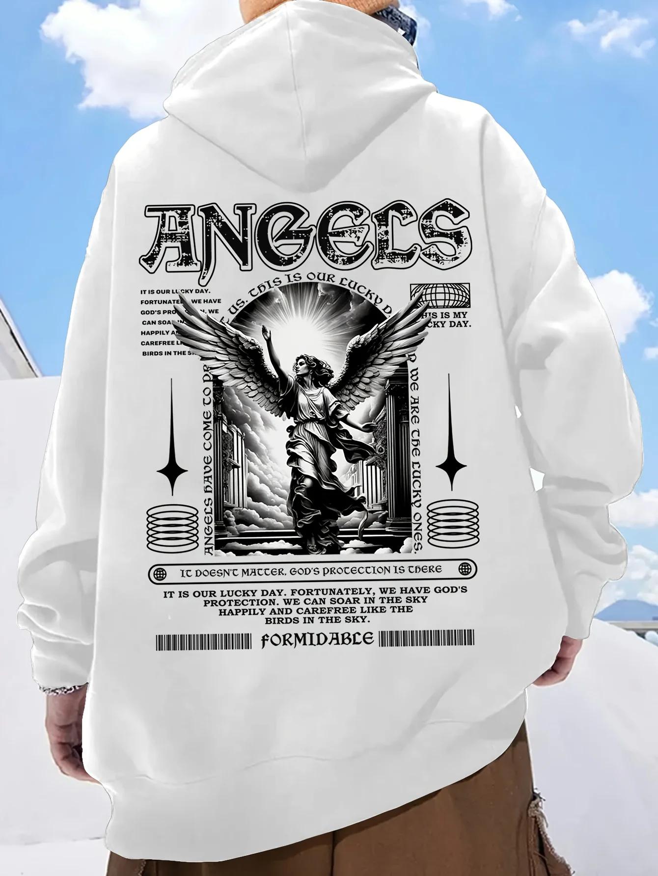 Autumn/Winter Trendy Versatile Men's Angel Print Hooded Sweatshirt - High Street Style for Commuting Street Strolling Home Wear