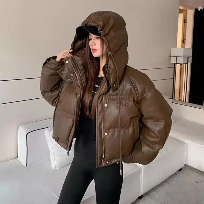 pu leather winter short washable hooded down jacket