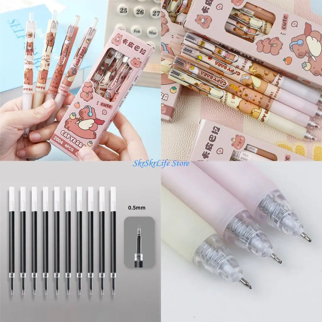 

E65E 4PCS Cartoon Retractable Gel Pen 0.5MM Black Inks Ergonomic Grip Gel Pen with Metal Clip for Note Taking Journaling