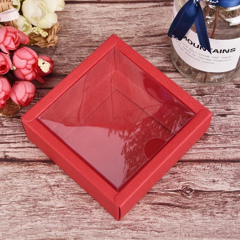 10pcs Square Kraft Paper Flip Box Transparent Frosted PVC Cover Carton Candy Desserts Cosmetic Soap Storage Packaging Boxes