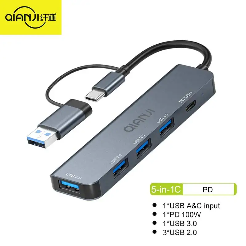 Qianji-adaptador multipuerto 5 en 1 para ordenador portátil y MacBook, Hub 5 en 1 con HDMI, 4K, 3,0 puertos tipo C y 100W de potencia