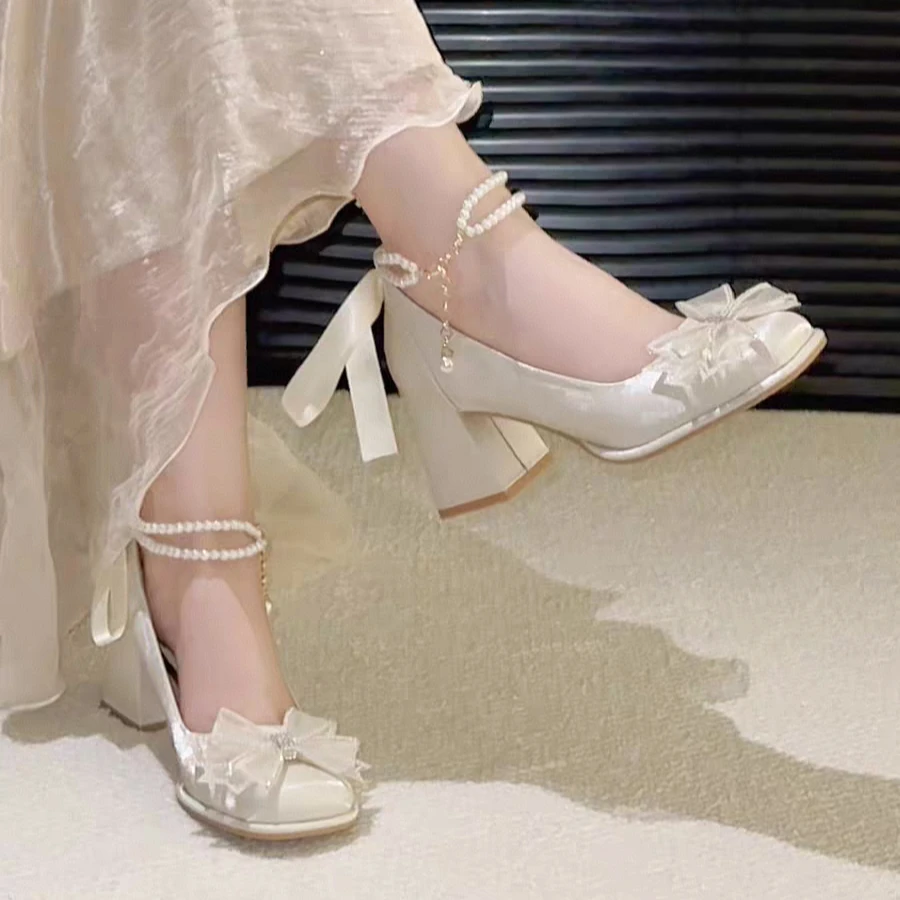 Bow Block Heel Single Shoes Autumn New Square Toe Shallow Mouth Beaded One Strap Anti-Slip Wear-Resistant High Heels