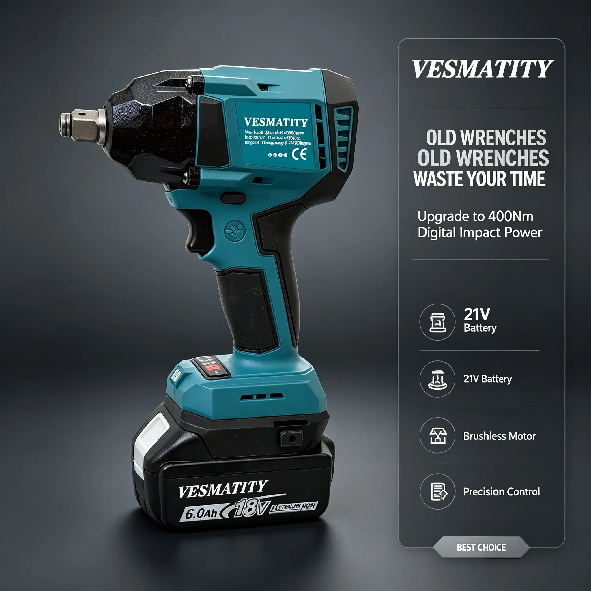 18v 21V Brushless Electric Wrench, 400N High Torque with Digital Display, Multifunctional Portable Electronic Power Tool