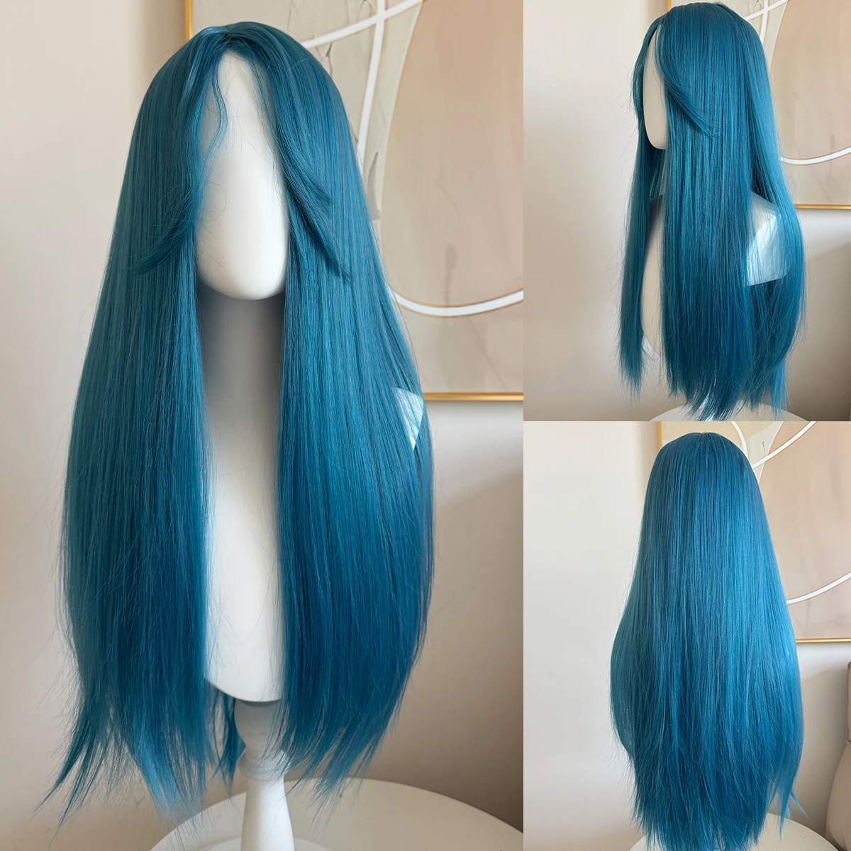 Synthetic lake blue long straight hair wig women's eight-character bangs natural curly heat-resistant wig image 3