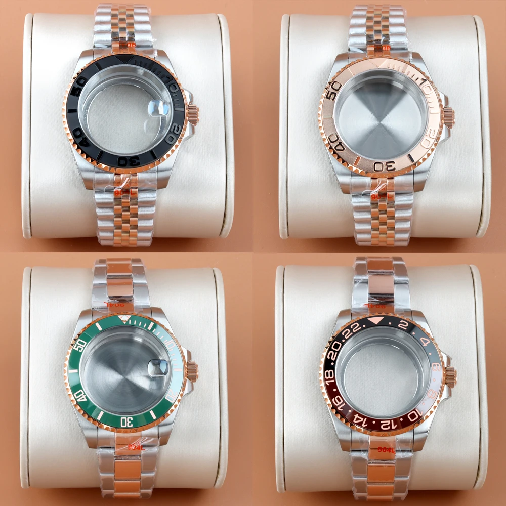 

40mm Rose Case Jubilee/Oyster Strap Sapphire Glass NH35 Watch Case Fit NH34 NH35 NH36 NH38 Movement SUB GMT YACHT-MASTER Case