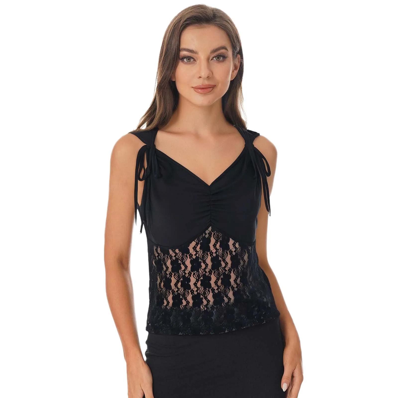 

Women Sheer Floral Lace Patchwork Ruched Tank Tops Tied Bow Bottom Sleeveless Vest Slim Fit Versatile Aesthetic Shirt Blouses