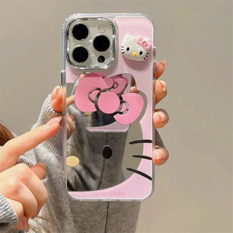 Luxury Cute Hello Kitty Glitter Bow Diamond KT Make Up Mirror Phone Case For iPhone 13 14 15 16 Pro Max Pink Kitty Protect Cover