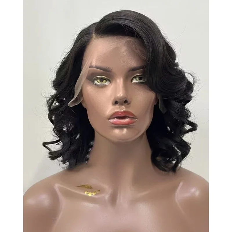 Black Curly Wigs Pre Plucked 13x4 Lace Front 100%  Hair Bob Wave Wigs