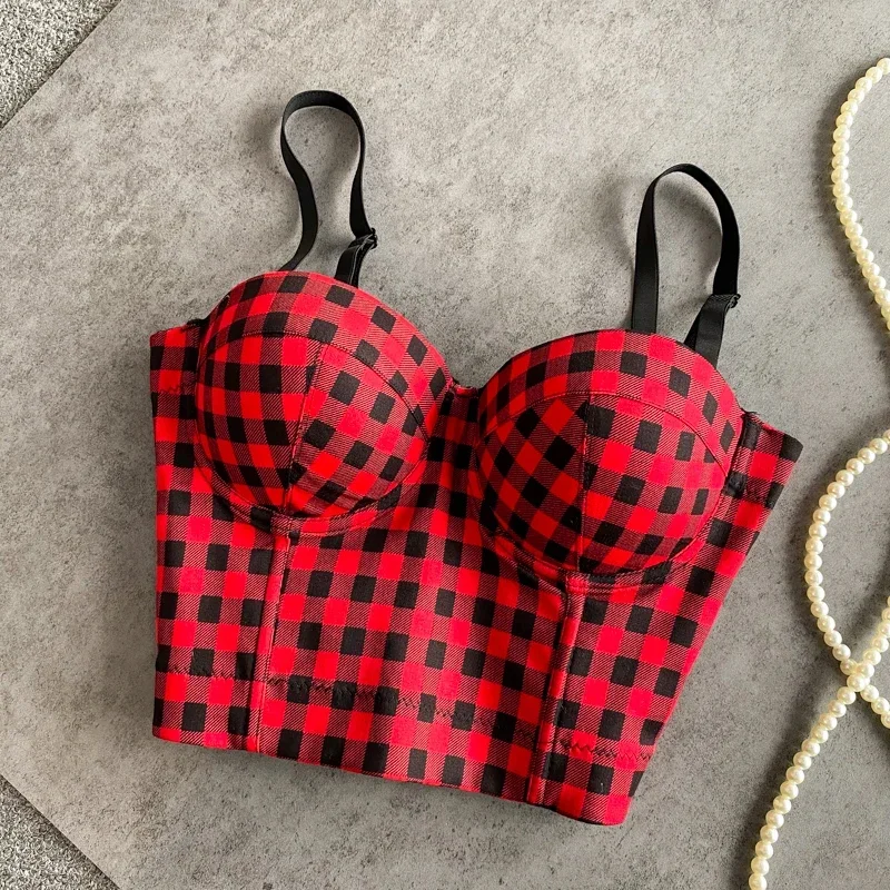 Vintage Spaghetti Strap Tanks Camis for Women Almighty Casual Plaid Patchwork Femme Croset Crop Tops with Built In Bras Camisole