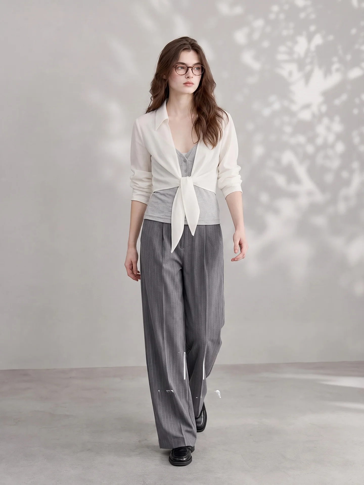 HUAAPPUW Pure Desire White Grey Shirt with Belt Casual Slim Fit Long Sleeve Women's Office Wear Spring Autumn