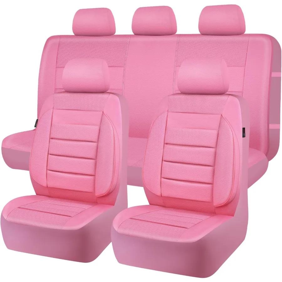 

Pink Leather Seat Covers Full Set Universal Water Resistant 3D Foam Back Support Luxury Comfort Automotive 5 Seat Covers All Se