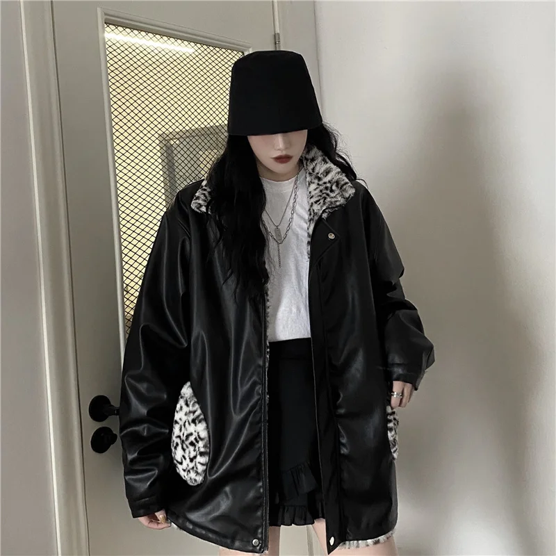 Coat Women\'s Double-Sided Cotton Jacket Women\'s Double-Sided Autumn And Winter Leopard Print Lamb Plush Thickened Leather Jacket