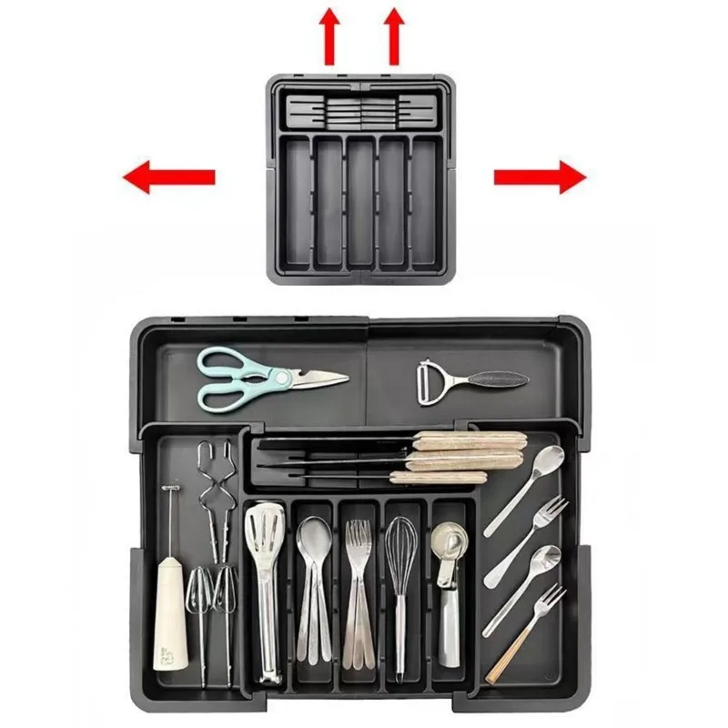 AB46-Cutlery Organizer With Expandable Design-Kitchen Storage Box Featuring Interior Dividers