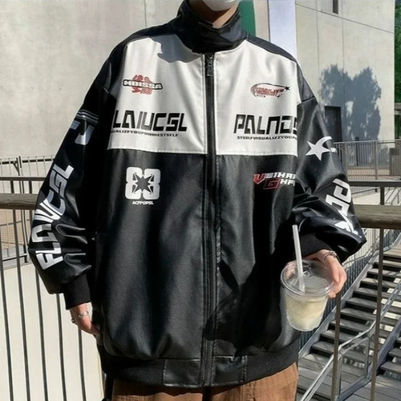 

Luxury Men's Autumn Jacket Color Blocked PU Leather Motorcycle Vest with Stand Up Collar Loose Fit Streetwear​