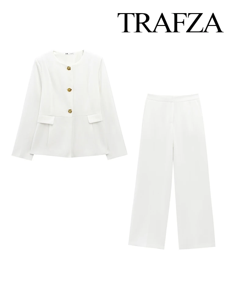HH Set da 2 pezzi alla moda da donna Versatile giacca slim fit con scollo tondo + Pantaloni dritti casual eleganti con cerniera High Street
