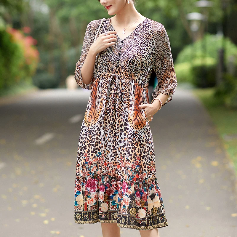 100% Real Silk Women's Vintage Dress 2026 Summer V-neck Elegant Dresses For Women Drawstring Leopard Print Woman Long Dress