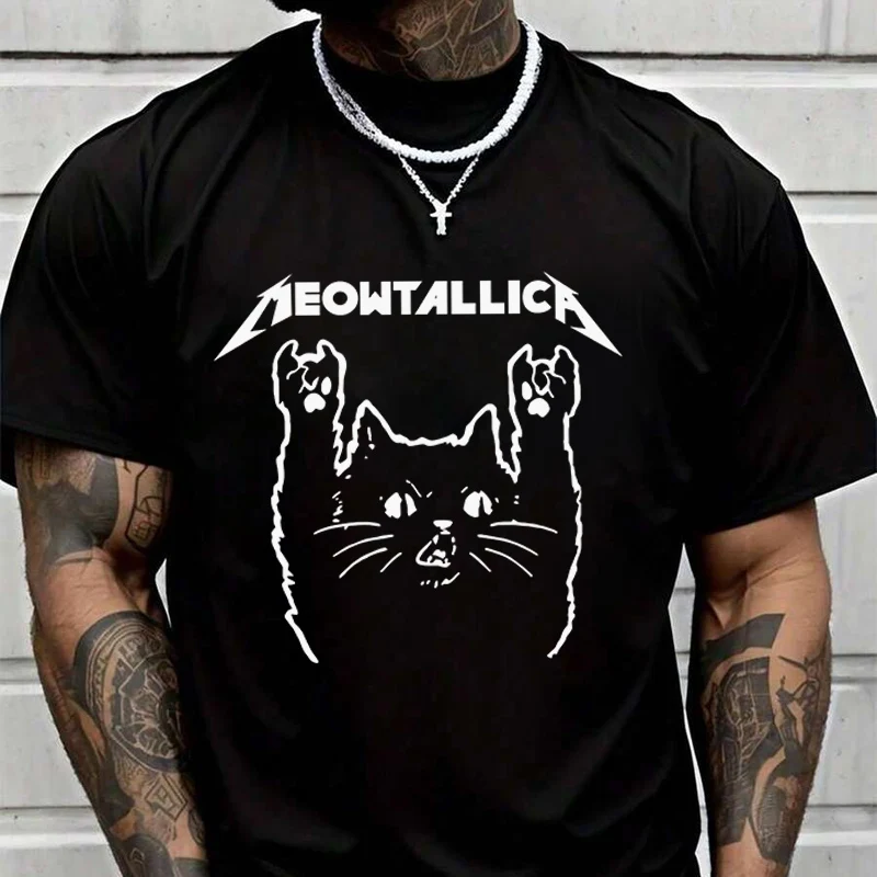

Funny Cat Meowtallica Cat Rock Music T-Shirt Male Brand Tee Shirt Men Summer T Shirts Casual High Quelity O-neck Tees