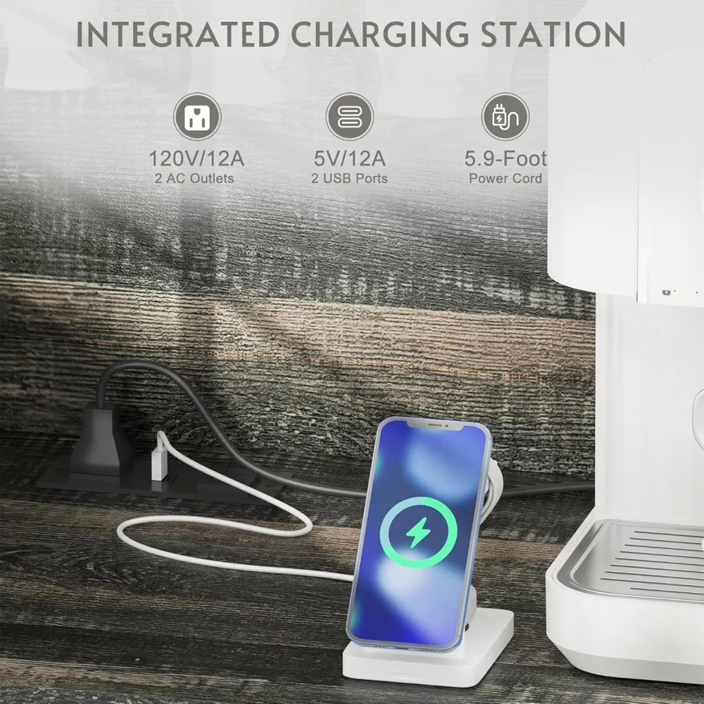 Farmhouse Coffee Bar Cabinet with Sliding Barn Door, Buffet Cabinet with Hutch, Kitchen Pantry Cabinet with Power Outlet & Light