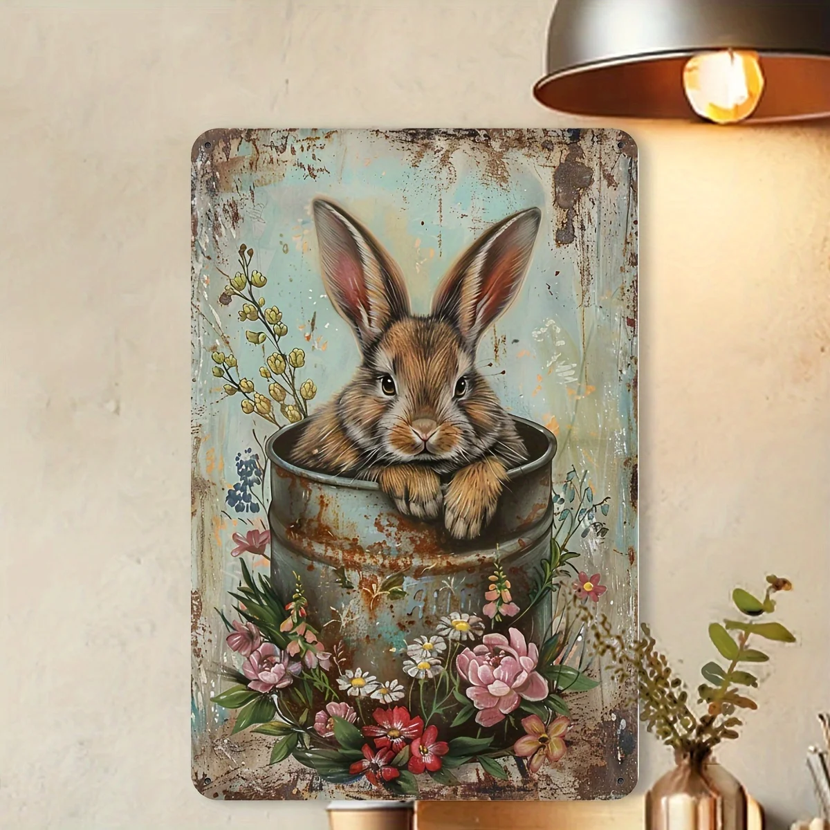 طبق حديد عتيق مع أرانب وزهور، مناسب للمنزل وغرفة النوم والحديقة والمقهى