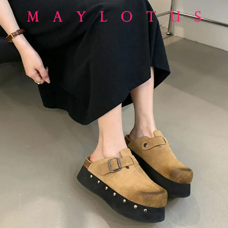 6.5cm Brown Chunky Heels Slippers Women Punk Rivet Platform Sandals Summer Round Toe Black Genuine Leather Casual Shoes