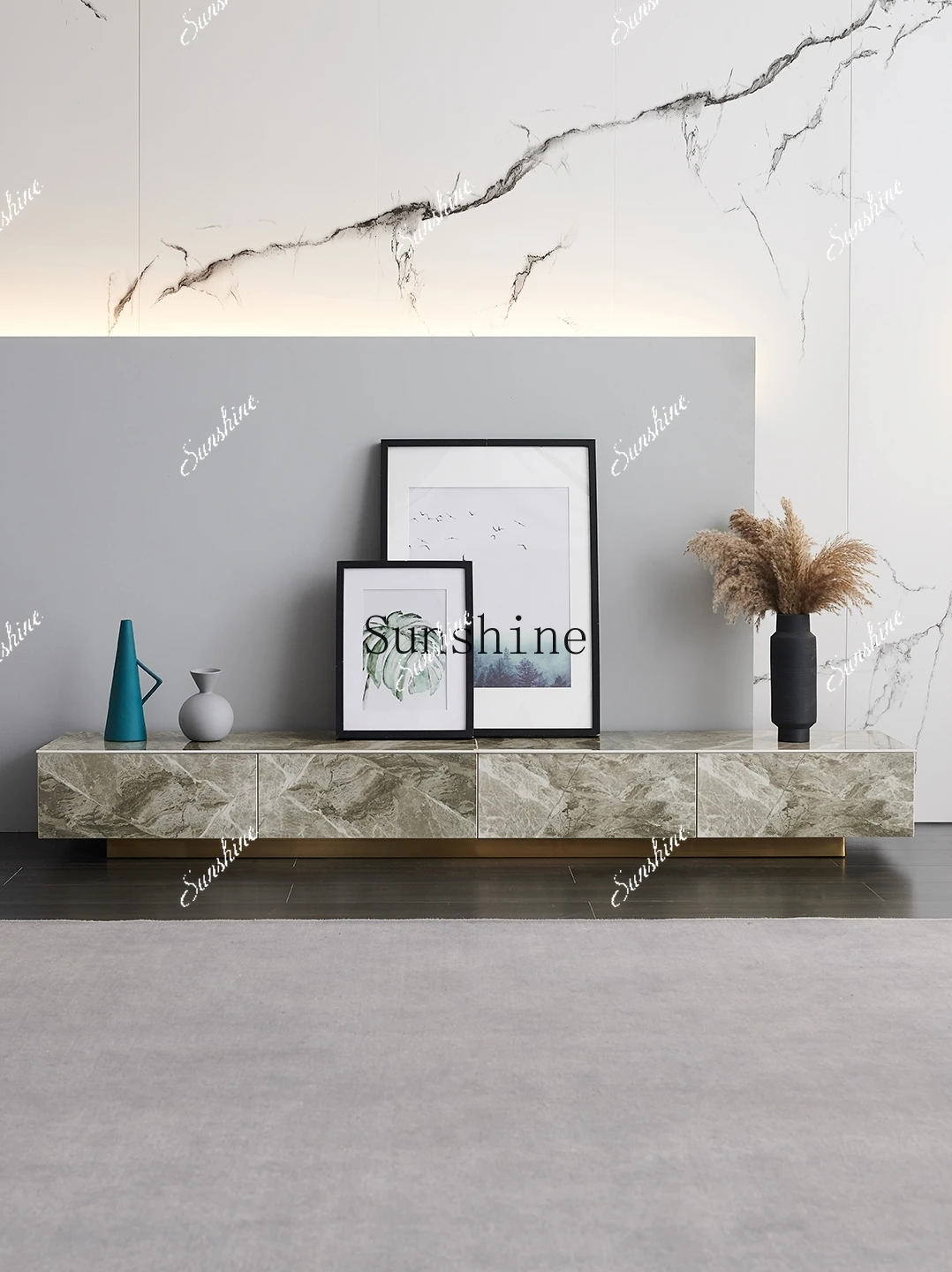 Light luxury super long rock slab TV cabinet coffee table combination modern simple marble floor cabinet  FT