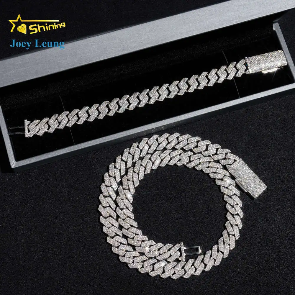 Hip Hop Style 13mm Width 3 Rows Cuban Necklace 925 Silver Iced Out Diamond Bracelet Vvs Moissanite Cuban Link Chain