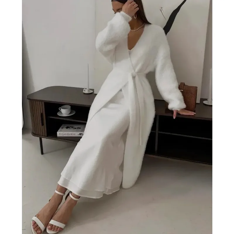

Women’s Classic Long Knit Cardigan and Knit Long Dress Set Cozy Solid Color Sweater Coat, Casual Open Front Long Sleeve Knitwear