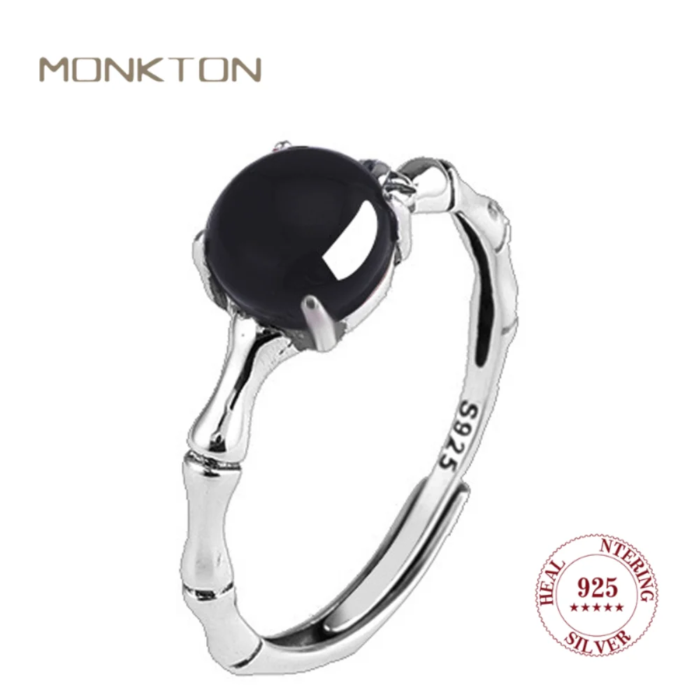 

Monkton New In 925 Sterling Silver Black Agate Rings for Women Vintage Bamboo Joint Design Onyx Open Ring Luxury Jewelry Gifts